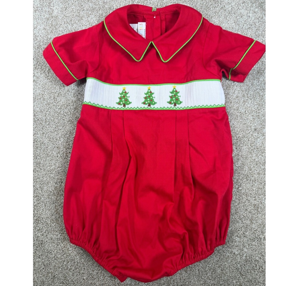 Smocked by Stellybelly Red Christmas Tree Smocked Bubble Romper 2T Holiday Kids